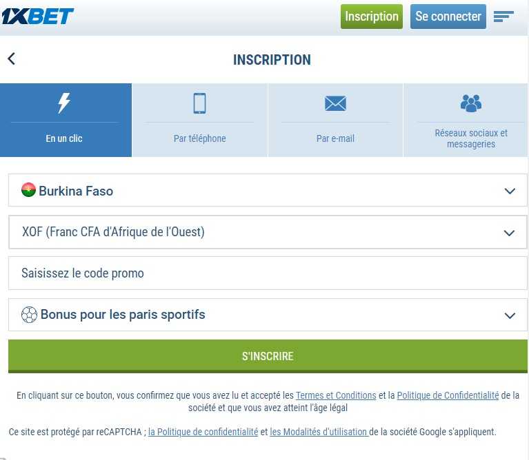 Inscription 1xbet via l'application
